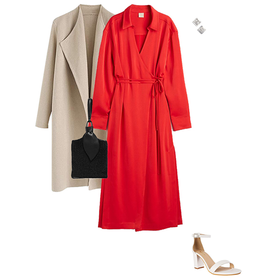 Outfit idea for petite women: draped collared coat, belted dress and ankle strap sandals | 40plusstyle.com