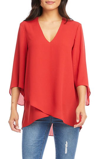How to hide a belly - Karen Kane Asymmetrical Crepe Top | 40plusstyle.com