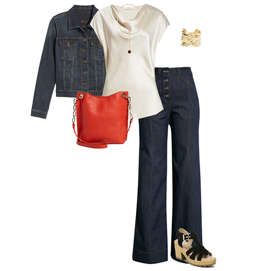 Spring outfit idea: denim jacket, silk top, wide leg jeans and platform sandals | 40plusstyle.com