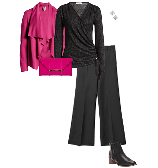 Outfit idea for petite women:  draped jacket, wrap top, wide leg pants and booties | 40plusstyle.com
