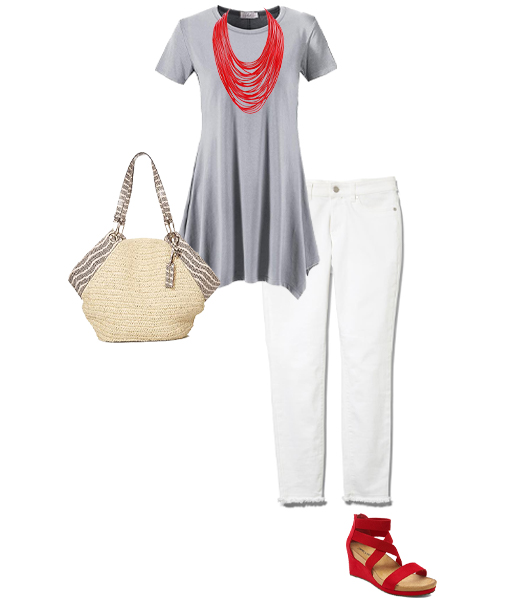 Outfit idea for petite women:  tunic top, jeans, sandals and statement necklace | 40plusstyle.com