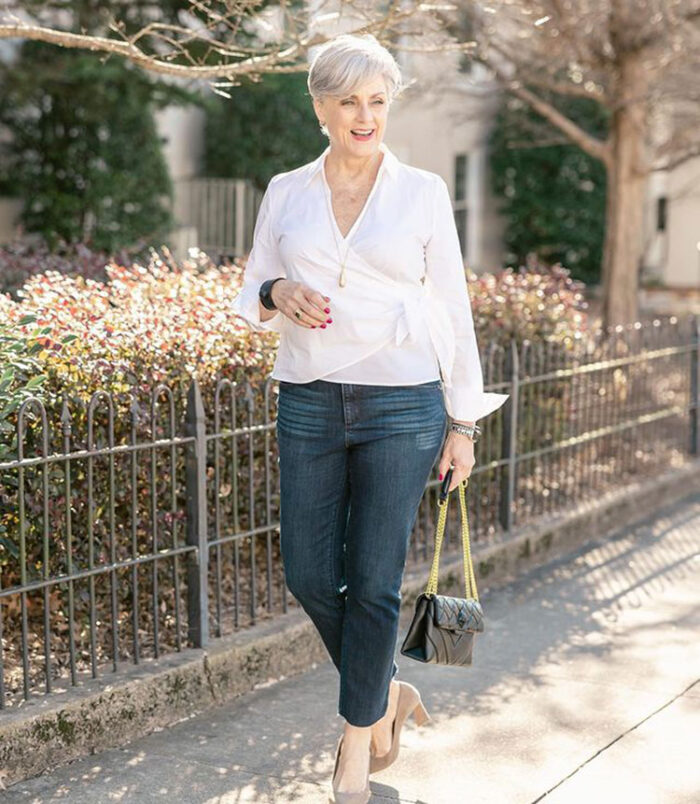Easter outfits - Beth in a wrap top and jeans | 40plusstyle.com
