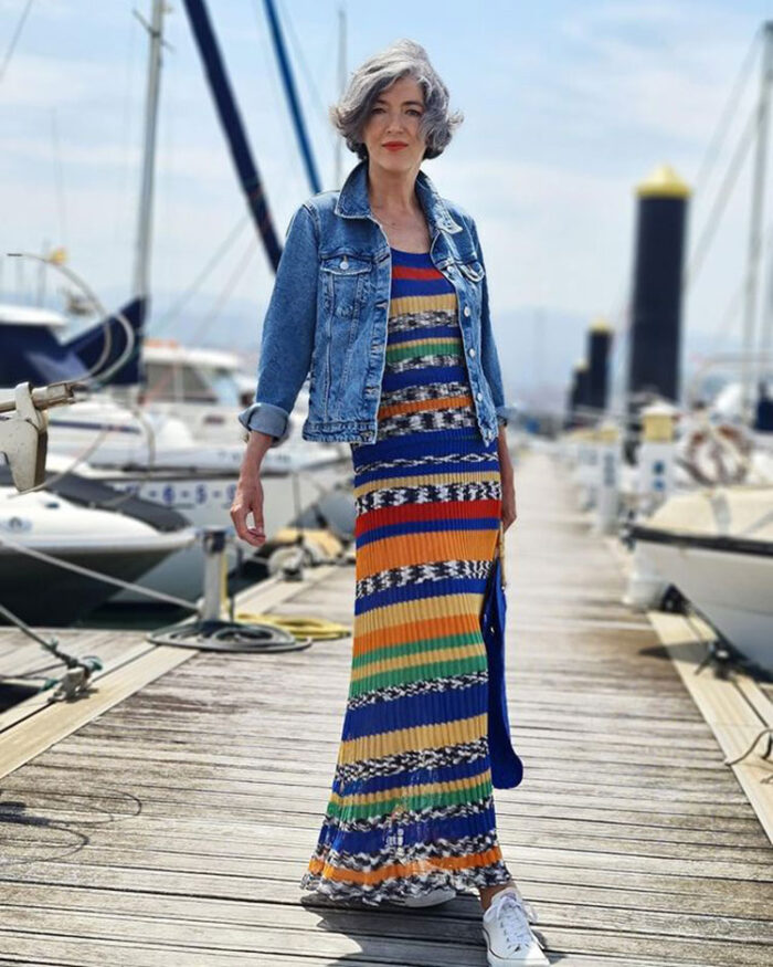 What to wear on a cruise - Carmen in a maxi dress and denim jacket | 40plusstyle.com