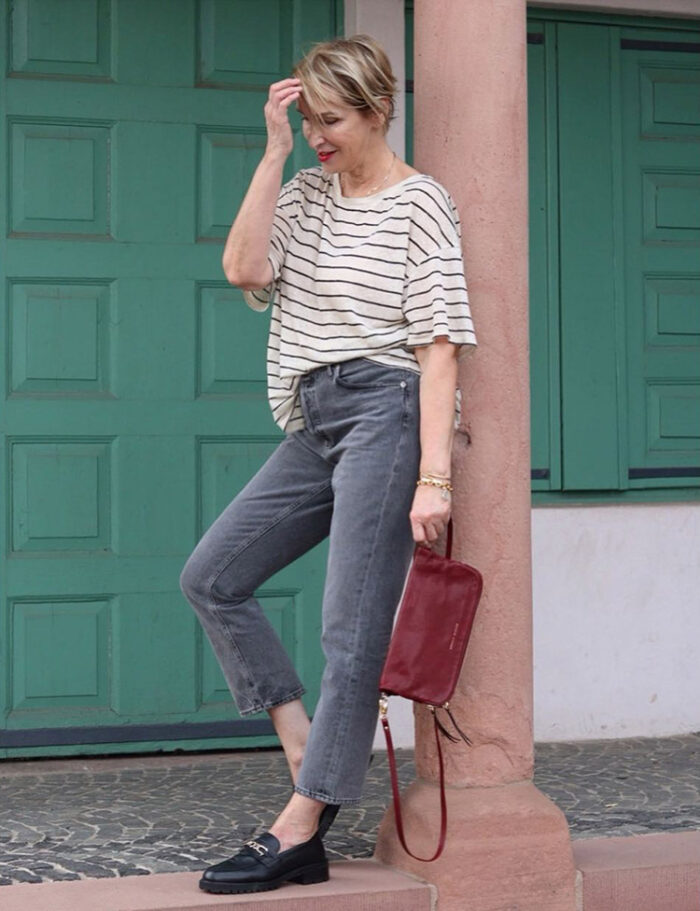 Natural style outfit for women: striped tee, jeans and loafers | 40plusstyle.com