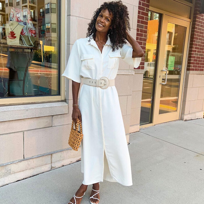 Diane in white dress with belt and sandals | 40plusstyle.com