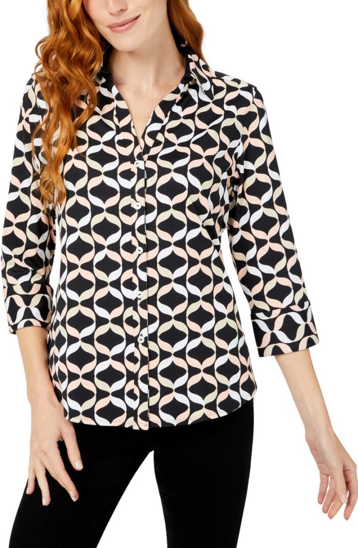 Foxcroft Mary Geo Print Button-Up Shirt | 40plusstyle.com
