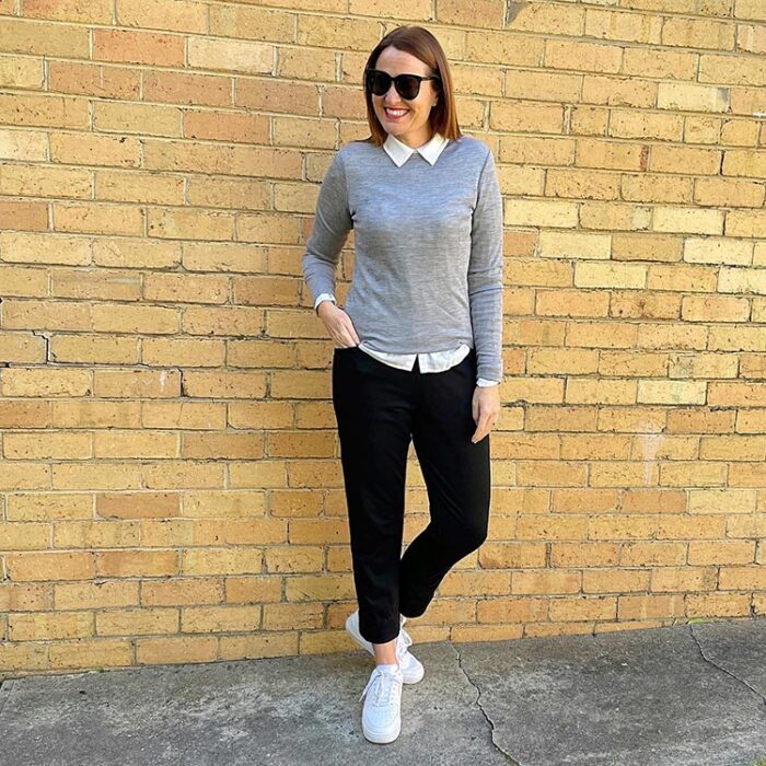 Karen wears a classic gray and black outfit | 40plusstyle.com