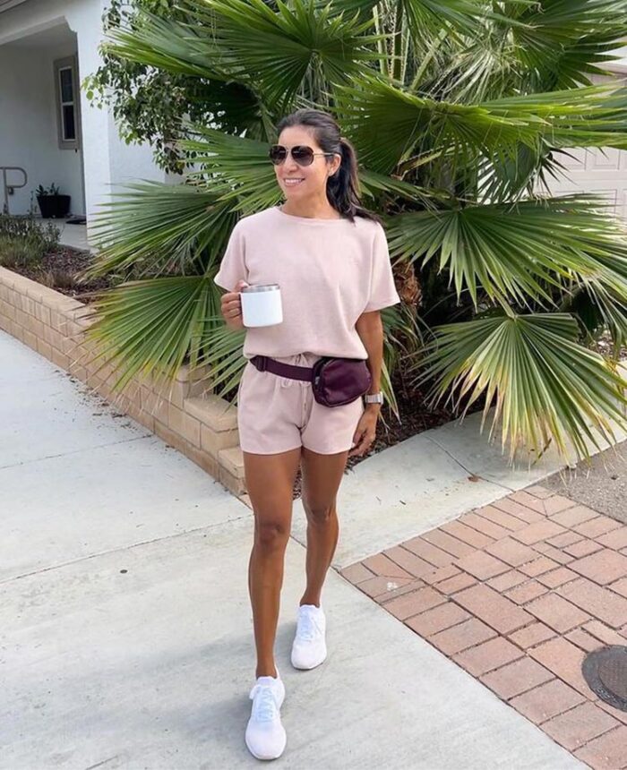 Adaline in a lounge shorts set | 40plusstyle.com
