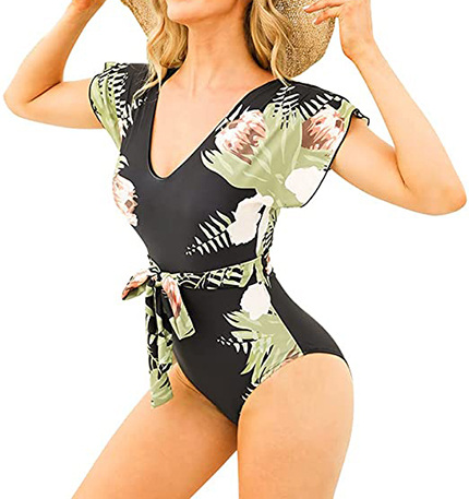 Byinns V-Neck Belted One-Piece Swimsuit | 40plusstyle.com