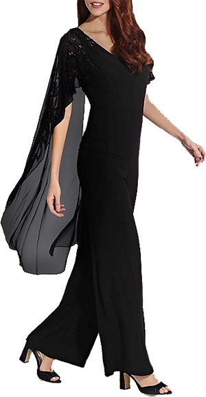 Adrianna Papell Chiffon and Crepe Jumpsuit with Beaded Cape | 40plusstyle.com