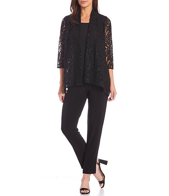 Caroline Rose Floral Lace 3/4 Sleeve Open Front Swing Cardigan / Floral Lace Straight Leg Flat Front Pull-On Pants | 40plusstyle.com