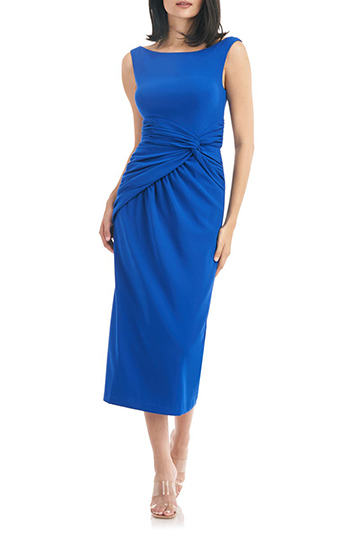 How to dress when you are the mother of the bride - Kay Unger Sabina Twist Front Midi Dress | 40plusstyle.com