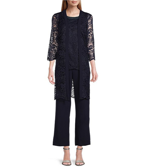 Le Bos Lace 3/4 Sleeve Beaded Round Neck 3-Piece Duster Pant Set | 40plusstyle.com