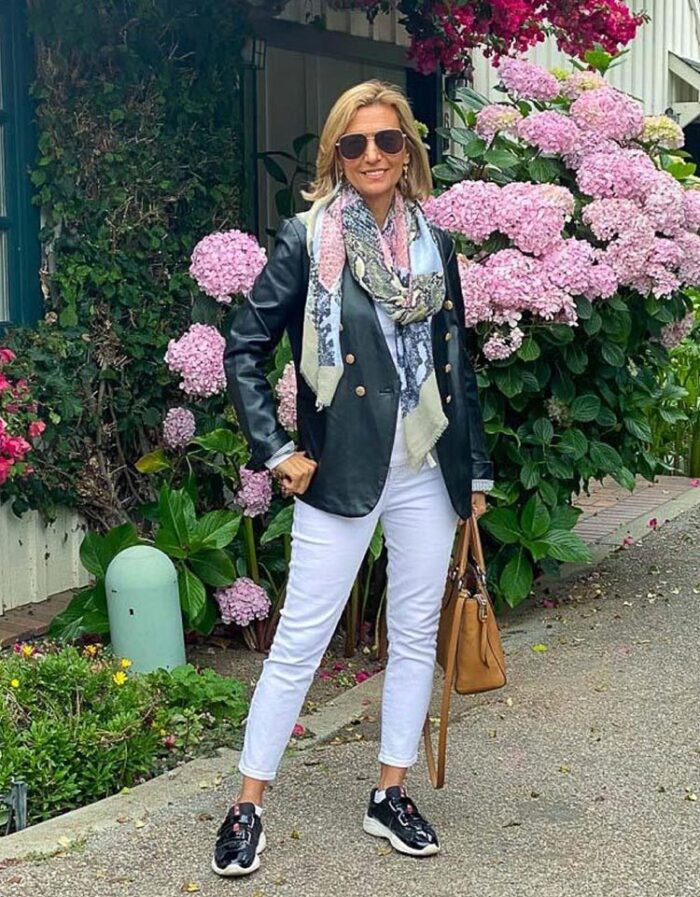 What to wear on mother's day - Nora wears jeans and a leather blazer | 40plusstyle.com