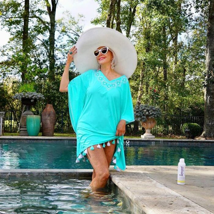 Bathing suit cover ups - Sheree in a turquoise cover up | 40plusstyle.com