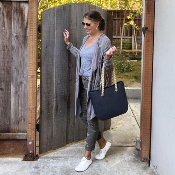 Suzanne wears a draped cardigan and jeans | 40plusstyle.com