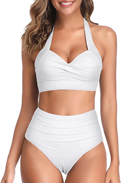 Tempt Me Women High Waisted Bikini Set Two Piece Retro Ruched Bow Knot Swimsuit 
