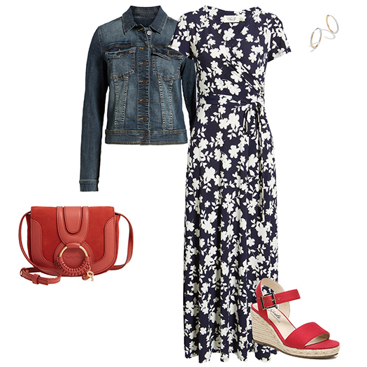 Denim jacket, printed dress and wedge sandals | 40plusstyle.com