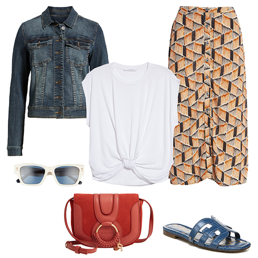 Summer outfit: denim jacket, roll t-shirt, skirt and sandals | 40plusstyle.com