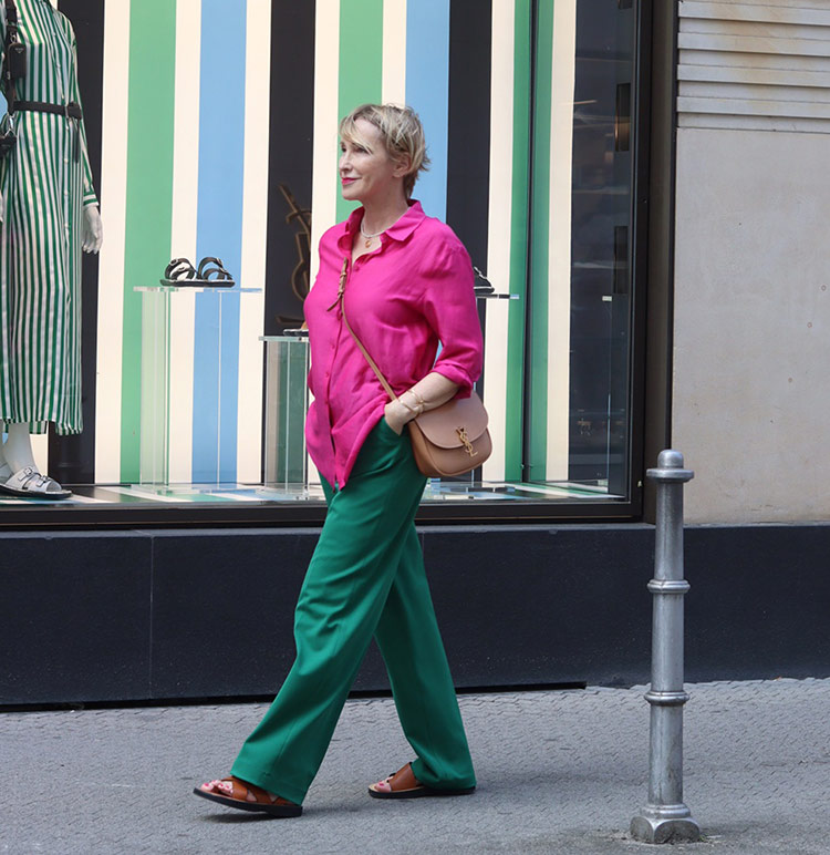 How to wear green - Claudia pairs green with pink | 40plusstyle.com