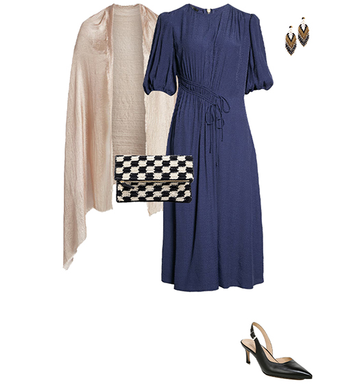 Navy dress and gold wrap | 40plusstyle.com
