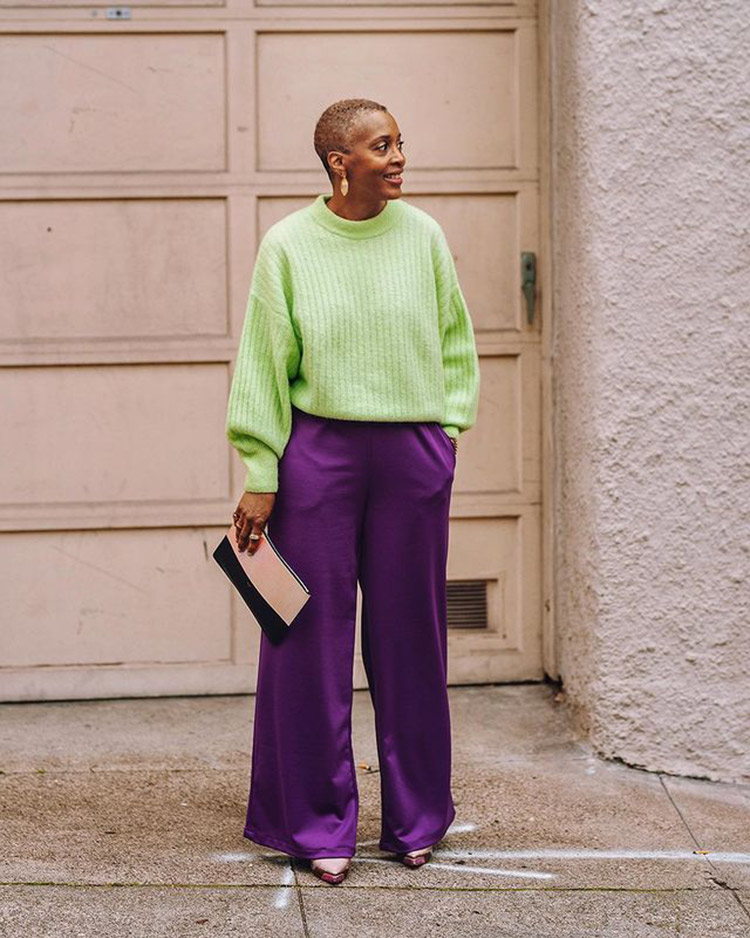 How to wear green - Kim in green and purple | 40plusstyle.com