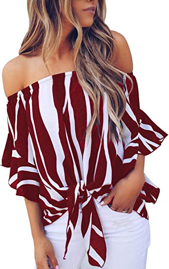 FARYSAYS Striped Off The Shoulder Front Tie Knot Top | 40plusstyle.com