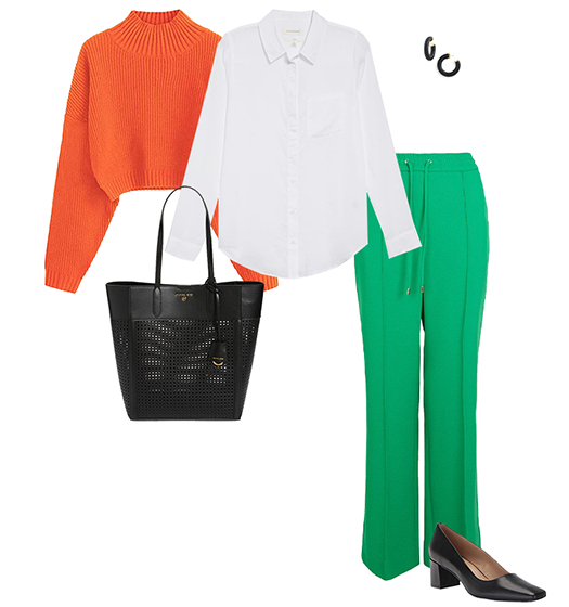 Orange with green outfit | 40plusstyle.com