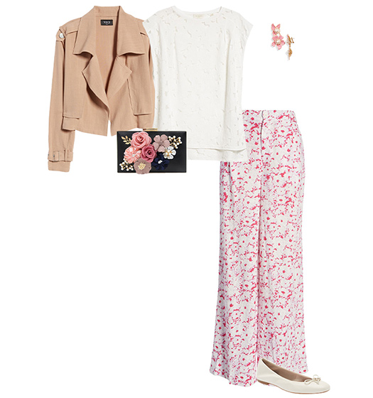 Romantic style outfit idea: chiffon jacket, lace top, printed pants, flats and clutch | 40plusstyle.com