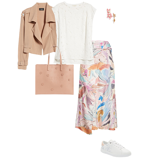 Romantic style outfit idea: chiffon jacket, lace top, silk skirt, jacket and sneakers | 40plusstyle.com