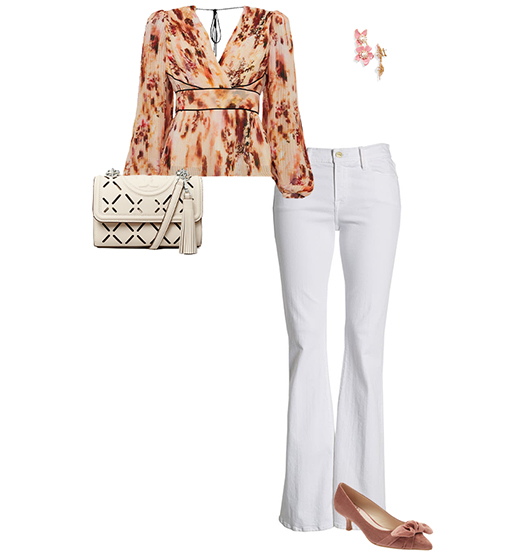 Romantic style outfit idea: printed pleated top, bootcut jeans and pump | 40plusstyle.com