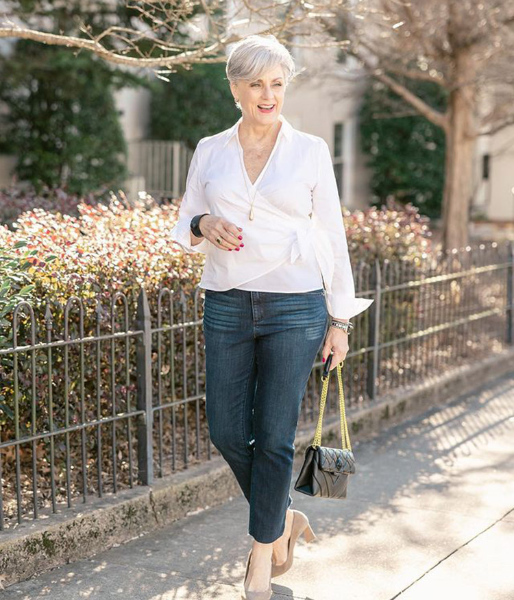 Beth in a wrap blouse and jeans | 40plusstyle.com