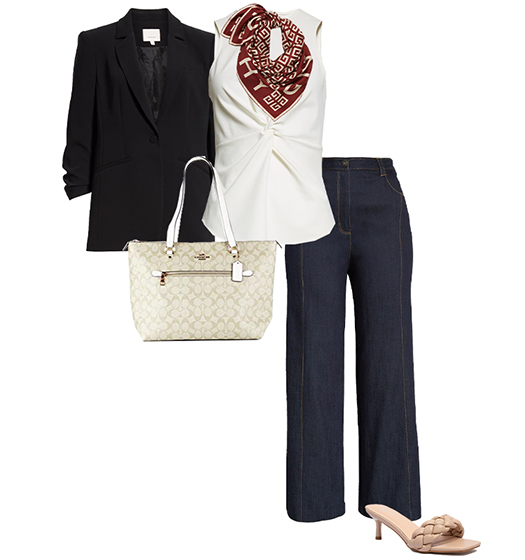 Italian inspired outfit: ruched blazer, wide leg jeans, sandals and scarf | 40plusstyle.com