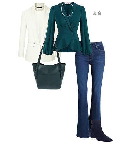 Classic style outfit: blazer, peplum top, bootcut jeans and booties | 40plusstyle.com
