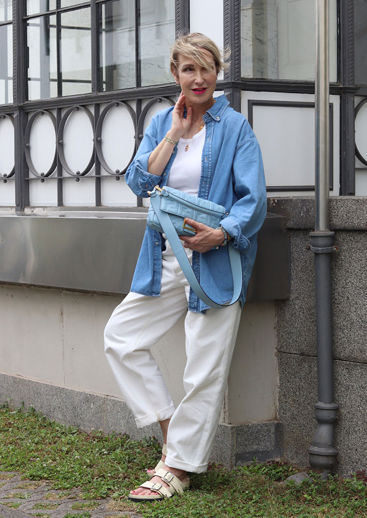 Claudia wears double denim and Birkenstocks | 40plusstyle.com