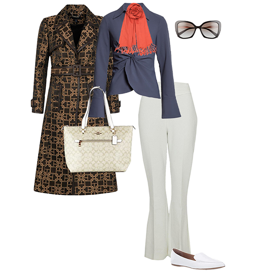 Italian inspired outfit: coat, knot twist top, flare pants, loafers and scarf | 40plusstyle.com
