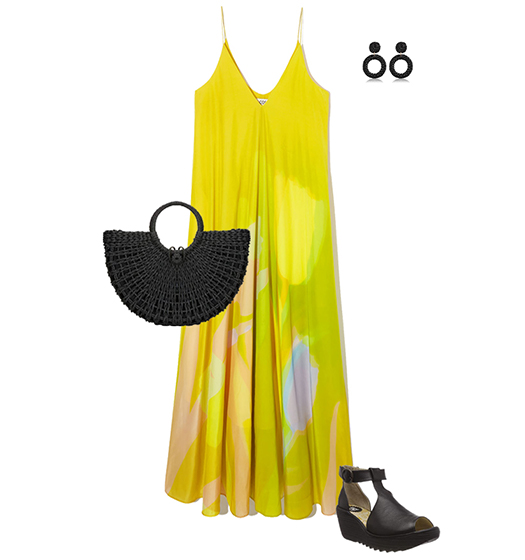 Yellow dress, sandals and black accessories | 40plusstyle.com
