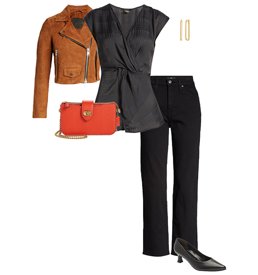 Fall outfit: Moto jacket, twist top, jeans and pumps | 40plusstyle.com