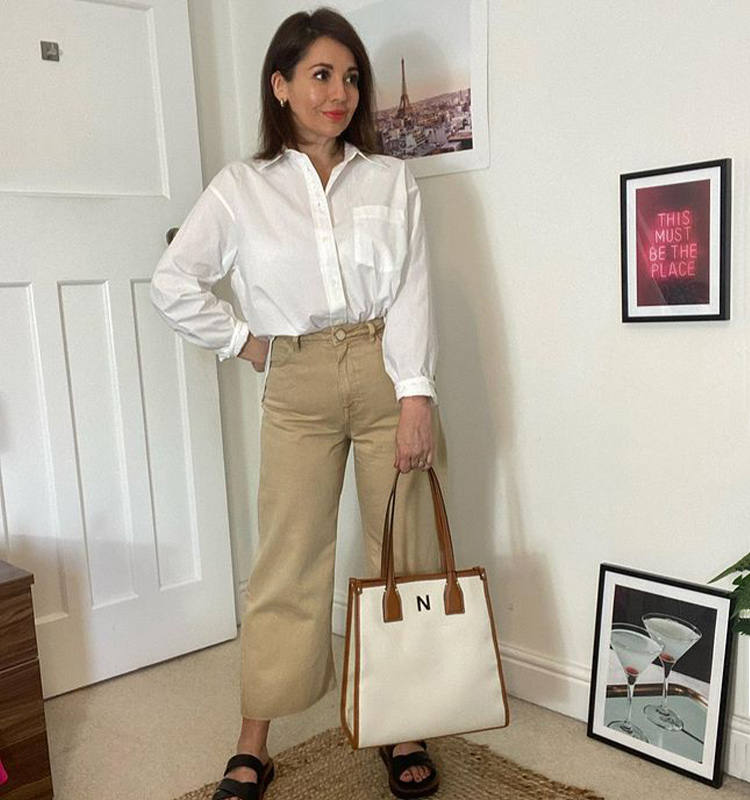Nikki in a classic white shirt and beige pants | 40plusstyle.com