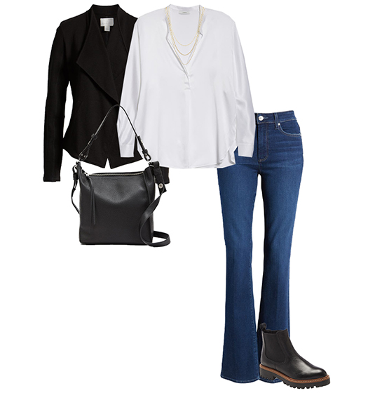 Fall outfit:  blazer, silk shirt, bootcut jeans and boots | 40plusstyle.com