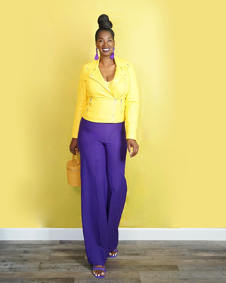 Tanasha in a yellow and purple outfit | 40plusstyle.com