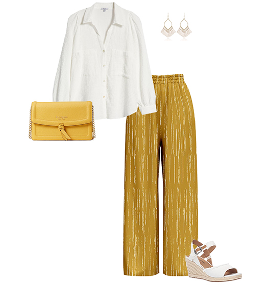 Palazzo pants and white wedge shoes | 40plusstyle.com