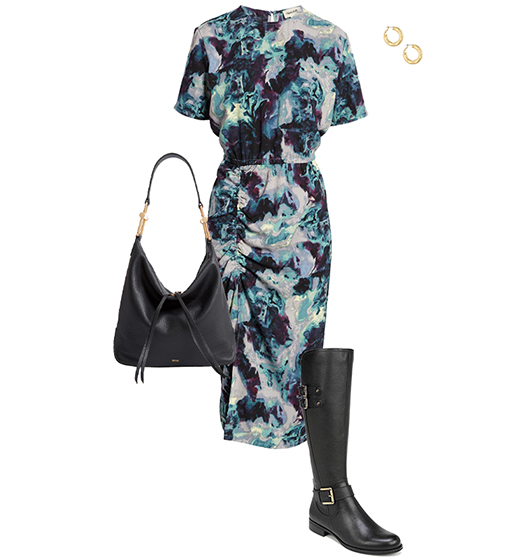 Casual wear for fall: printed dress and knee high boots | 40plusstyle.com