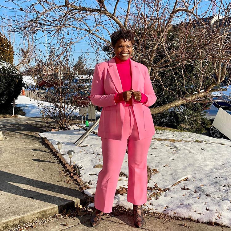 Georgette in a pink suit | 40plusstyle.com