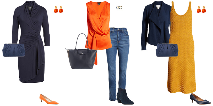 navy blue and orange outfit ideas | 40plusstyle.com
