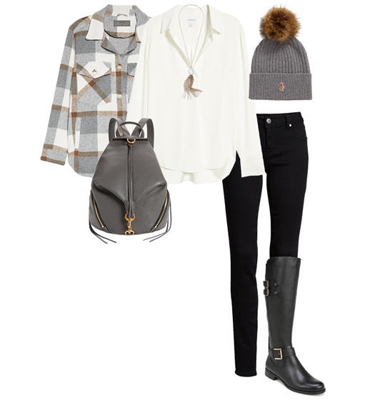 Casual wear for fall: shacket, white top, skinny jeans, knee high boots, backpack and beanie | 40plusstyle.com