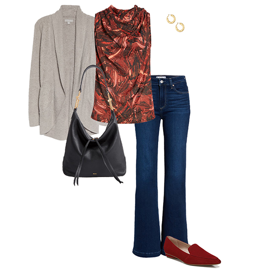 Fall outfit idea: cardigan, sleeveless top, flared jeans, flats and hobo bag | 40plusstyle.com