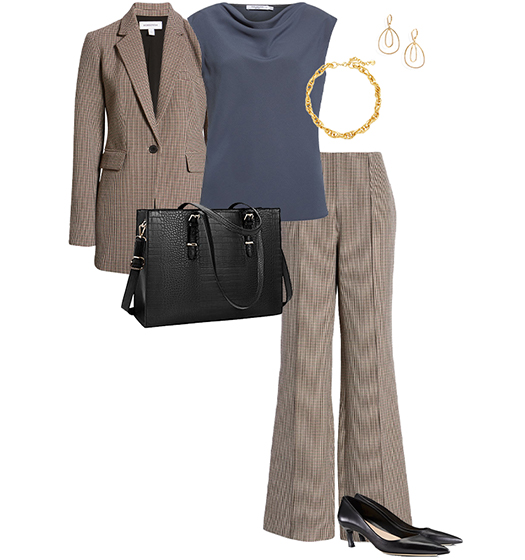 Check suit and gray top | 40plusstyle.com