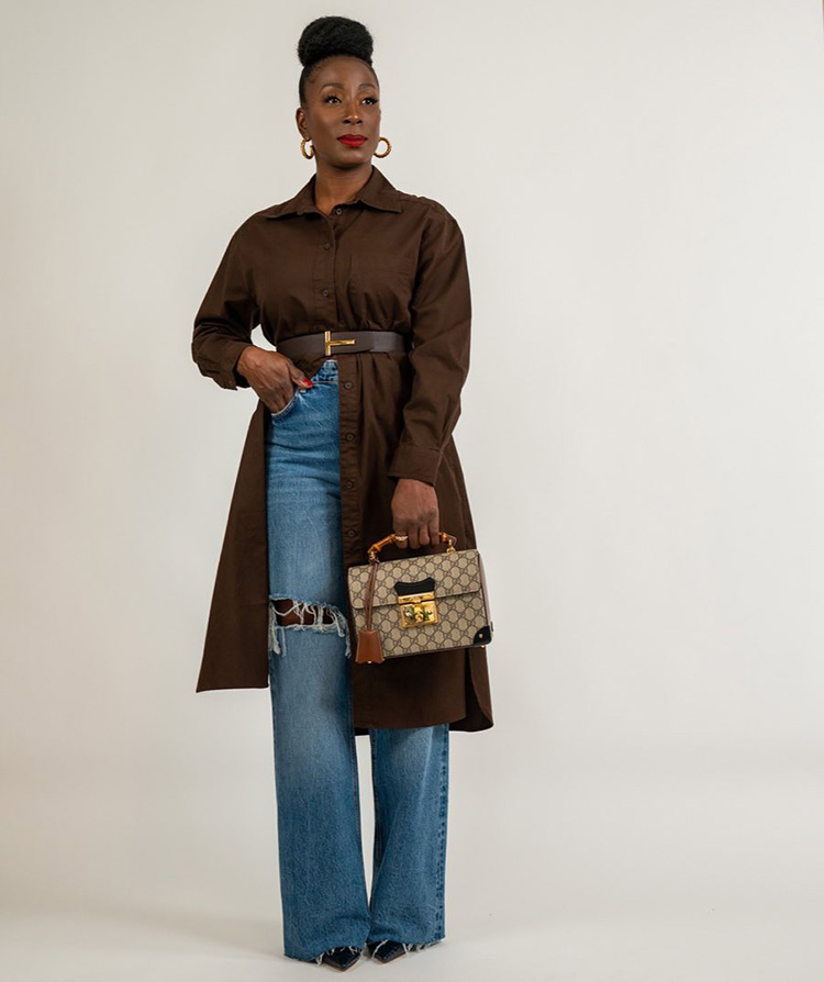 Angela in a shirtdress paired with wide leg pants | 40plusstyle.com