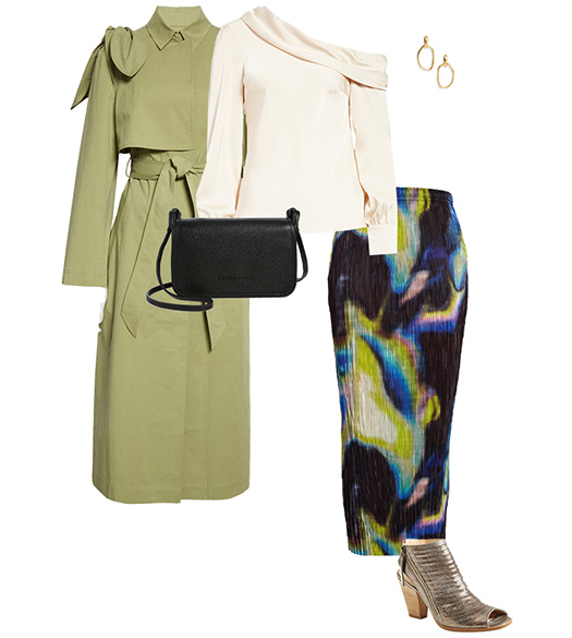 Fall outfit: trench coat, silk blouse skirt and booties | 40plusstyle.com